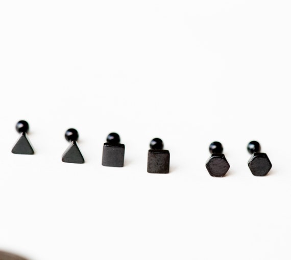 Mini Geometric Black Earrings, Stainless Steel Screw Back Studs