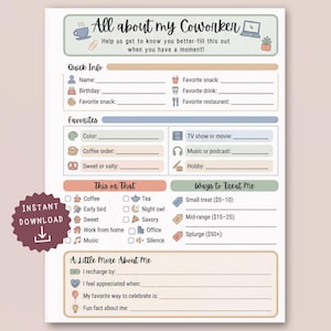 Coworker Favorites Printable, Employee Favorite Things List, Staff Gift Ideas Sheet, Team Favorites Survey, Office Get to Know You, Download