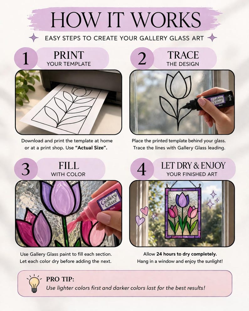 May include: A step-by-step guide for creating gallery glass art. The process includes printing a template, tracing the design, filling with color using Gallery Glass paint, and letting it dry. The finished art features a stained glass tulip design.