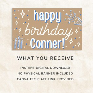 May include: A tan banner with the words "happy birthday Conner!" in white and blue. The banner includes illustrations of confetti, candles, and stars. The text "WHAT YOU RECEIVE" is below the banner.