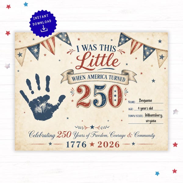 America 250 Handprint Keepsake, Patriotic Family Activity, USA 250th Anniversary Printable, Kids Memorial Craft, Independence Celebration