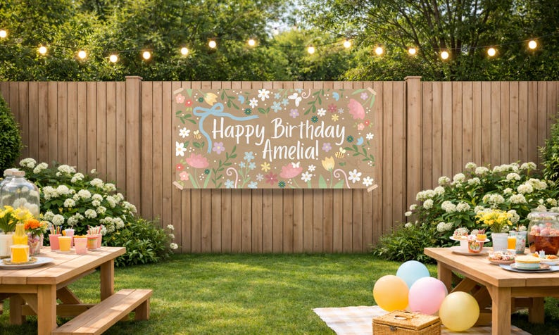 May include: A banner with the text "Happy Birthday Amelia!" is displayed on a wooden fence. The banner is decorated with floral and leaf designs in pastel colors. The scene is set outdoors with a wooden picnic table and a green lawn.