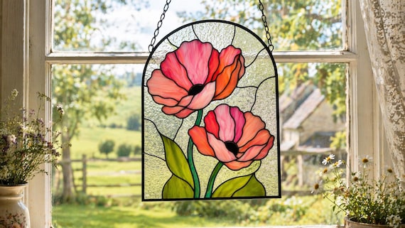 Gallery Glass Template, Poppy Suncatcher Pattern, Faux Stained Glass Design, Printable Glass Painting Template, Beginner Friendly,Instant