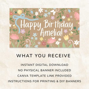 May include: A banner with the text "Happy Birthday Amelia!" in a whimsical font, surrounded by floral and bee illustrations. The banner is on a tan background. The image also includes text about the digital download.