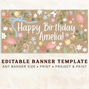May include: A rectangular banner with a tan background, adorned with colorful flowers, butterflies, and bees. The words "Happy Birthday Amelia!" are written in white script. A light blue ribbon is at the top. The banner also includes the text "EDITABLE BANNER TEMPLATE".