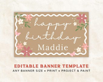Birthday Banner DIY Paint Template, Floral Birthday Banner Printable, Paint Banner, Projector Banner Pattern, Editable Canva Digital