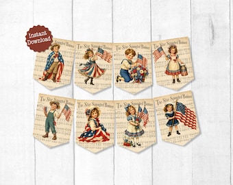 Vintage 4th of July Printable Banner, Patriotic Pennant Flags, Americana Bunting Decor, July 4th Party Decorations, America 250 Garland