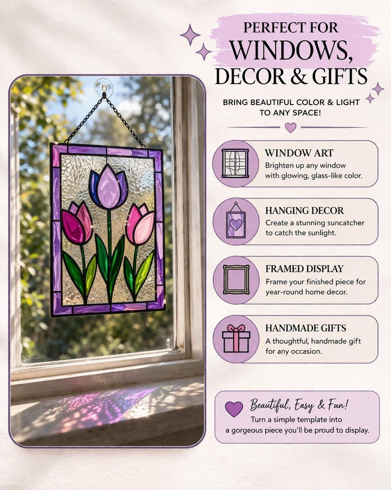 May include: Stained glass window art featuring three tulips in shades of pink and purple, with green stems and leaves. The artwork is framed in a purple border and hangs in a window. Text on the image says "WINDOWS, DECOR & GIFTS".
