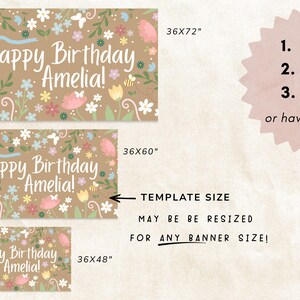 May include: A banner template with the text "Happy Birthday Amelia!" in white, surrounded by floral and butterfly illustrations. The banner is available in three sizes: 36x48 inches, 36x60 inches, and 36x72 inches. The text "1. Edit 2. Project 3. Paint" is also visible.