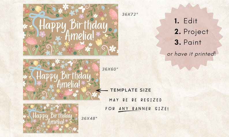 May include: A banner template with the text "Happy Birthday Amelia!" in white, surrounded by floral and butterfly illustrations. The banner is available in three sizes: 36x48 inches, 36x60 inches, and 36x72 inches. The text "1. Edit 2. Project 3. Paint" is also visible.