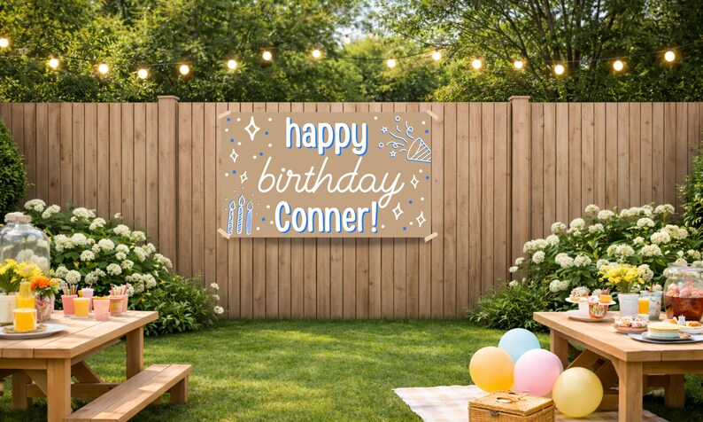 May include: A brown banner with the words "happy birthday Conner!" in white and blue lettering is displayed on a wooden fence. The scene is set outdoors with picnic tables, balloons, and string lights, suggesting a birthday party.