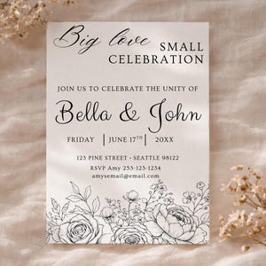 May include: A wedding invitation with the text "Big love SMALL CELEBRATION" and the names "Bella & John". The invitation includes the date, time, and location, with floral illustrations at the bottom. The background is a soft, neutral color.