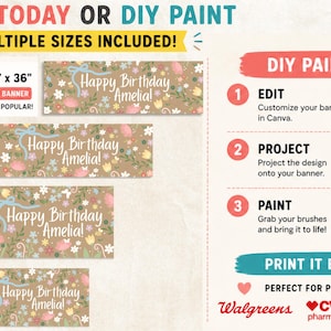 May include: A customizable birthday banner with floral and bow accents, featuring the text "Happy Birthday Amelia!". Multiple sizes are available, including 12" x 36", 24" x 72", 36" x 60", and 36" x 48".