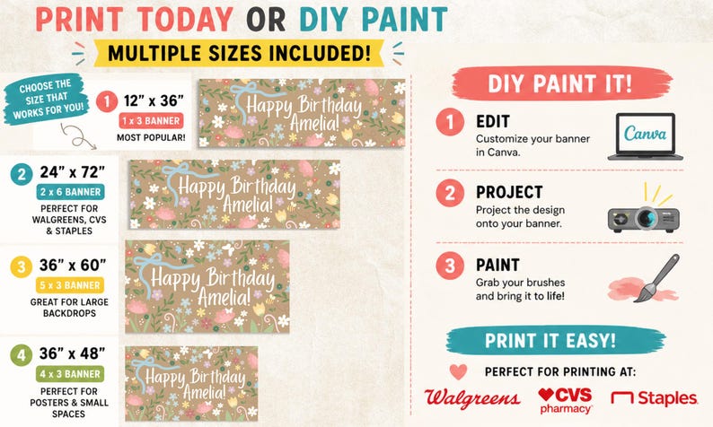 May include: A customizable birthday banner with floral and bow accents, featuring the text "Happy Birthday Amelia!". Multiple sizes are available, including 12" x 36", 24" x 72", 36" x 60", and 36" x 48".