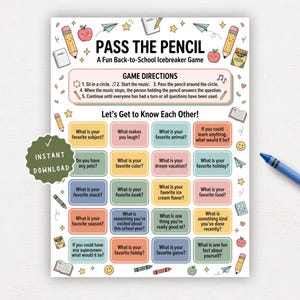 Pass the Prize Classroom Game, Back to School Icebreaker Activity, Pass the Pencil Game, First Day of School Printable, Get to Know You Game