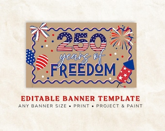 4th of July Banner Template, Printable Patriotic Banner, Editable Canva Poster, Independence Day Decor, DIY Paint Banner, USA Party Sign