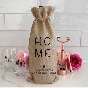 HOME congratulations personalization, New Home Wine Bag Key Realtor Client Closing Gift, 1st time homeowner real estate, Marketing