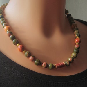 Green jasper necklace with apple coral and lava beads, pearl necklace made of gemstone beads