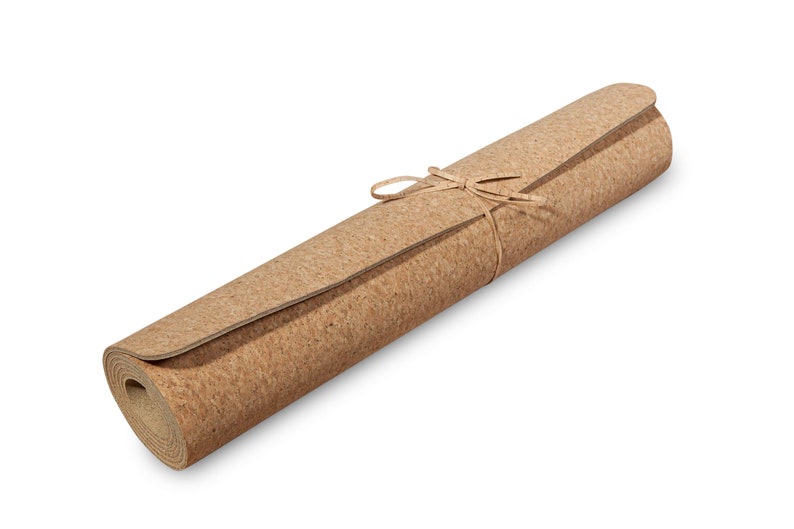 May include: A rolled up cork yoga mat tied with twine. The mat is brown and has a natural cork texture.