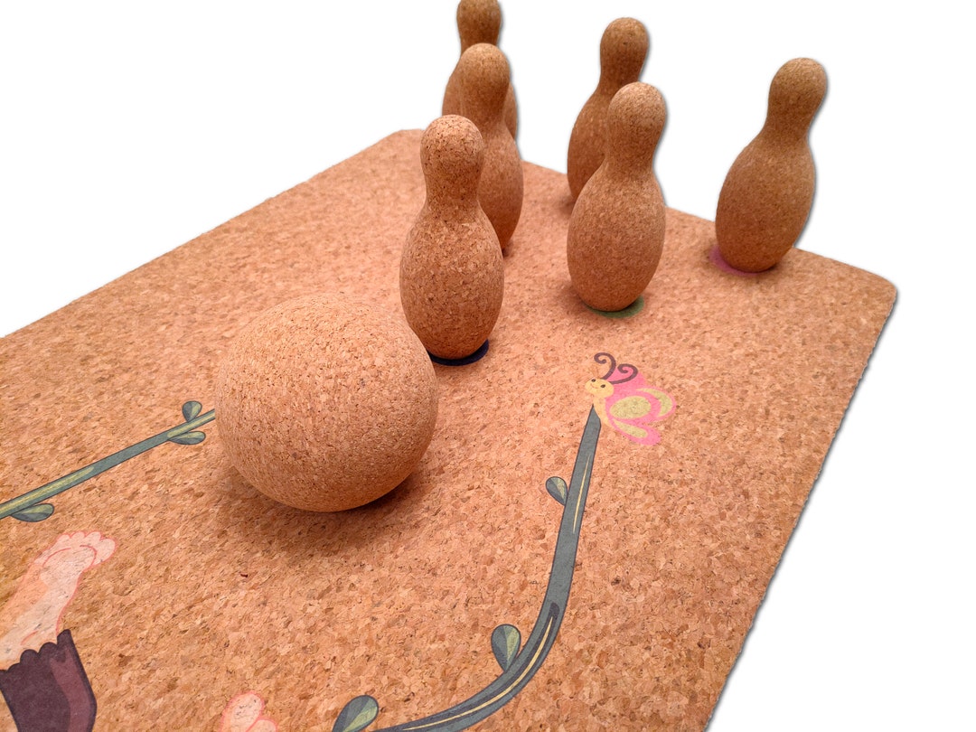 Natural Cork Bowling Kids Set With Crawling Mat for Fun, Silent and