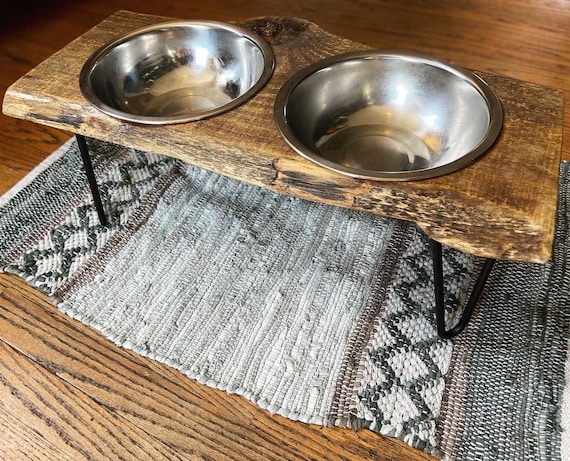 Wooden Dog Bowl Stand, Rustic Pet Feeder, Reclaimed Cat Bowls