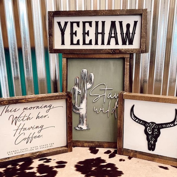 Western wall decor, bull head, Aztec, western style, boho decor, wooden wall decor, eat beef,  Johnny cash quote, yeehaw, stay wild cactus