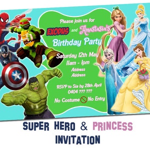 Superhero & Princess Personalised Birthday Invitation - Digital File