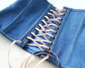 Сustom denim corset belt. Blue denim underbust cotton corset. Denim belt for cinching waist