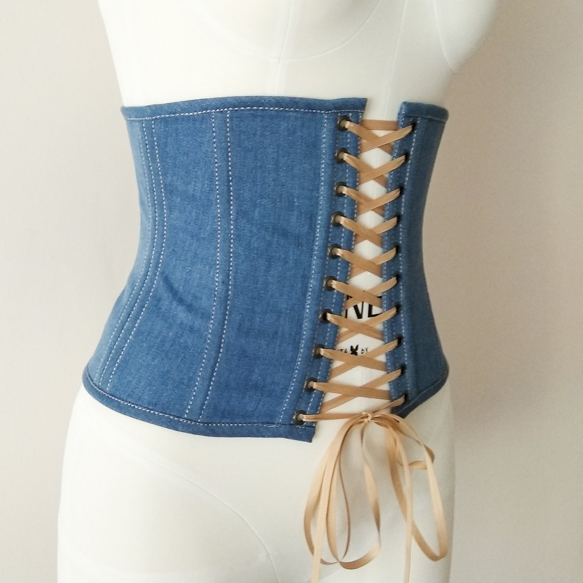 Сustom denim corset belt. Blue denim underbust cotton corset. Etsy