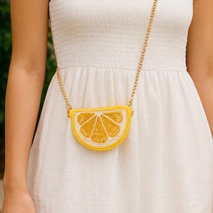 Lemon Beaded Crossbody Bag: Citrus Coin Purse with Gold Chain