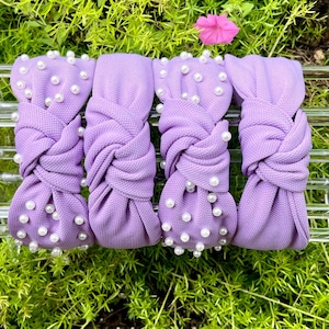 Purple Knotted Headband with White Pearls: Girls & Women