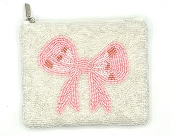 Pink Bow Beaded Coin Purse Preppy Ribbon Wallet Zipper Pouch