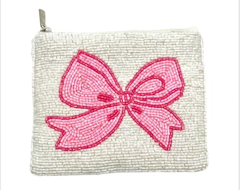 Pink Bow Beaded Coin Purse Preppy Beaded Bag