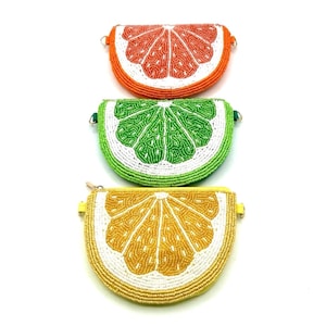 Lemon Beaded Crossbody Bag: Citrus Coin Purse with Gold Chain