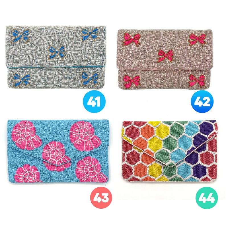 May include: Four rectangular beaded clutch bags. Number 41 is silver with blue bows. Number 42 is champagne with pink bows. Number 43 is light blue with pink seashell motifs. Number 44 features a multicolored honeycomb pattern in a geometric design.