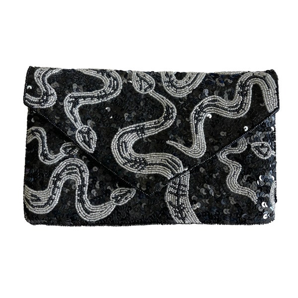 Pochette noire pailletée Pochette argentée avec perles serpent Pochette noire et argentée Sac à main d'Halloween Sac à main bandoulière Unique