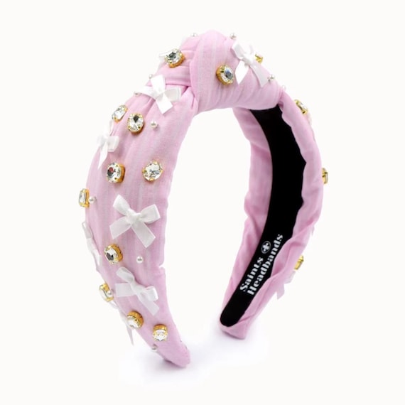 Pink Bow Headband Women, Pearls, Gold Rhinestones, Preppy