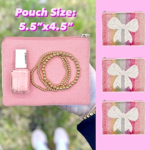 Preppy Coin Purse White Bow Beaded Coin Pouch Wallet Zipper Change Bag image 6