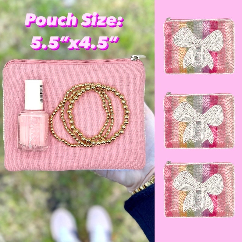 Preppy Coin Purse White Bow Beaded Coin Pouch Wallet Zipper Change Bag image 6