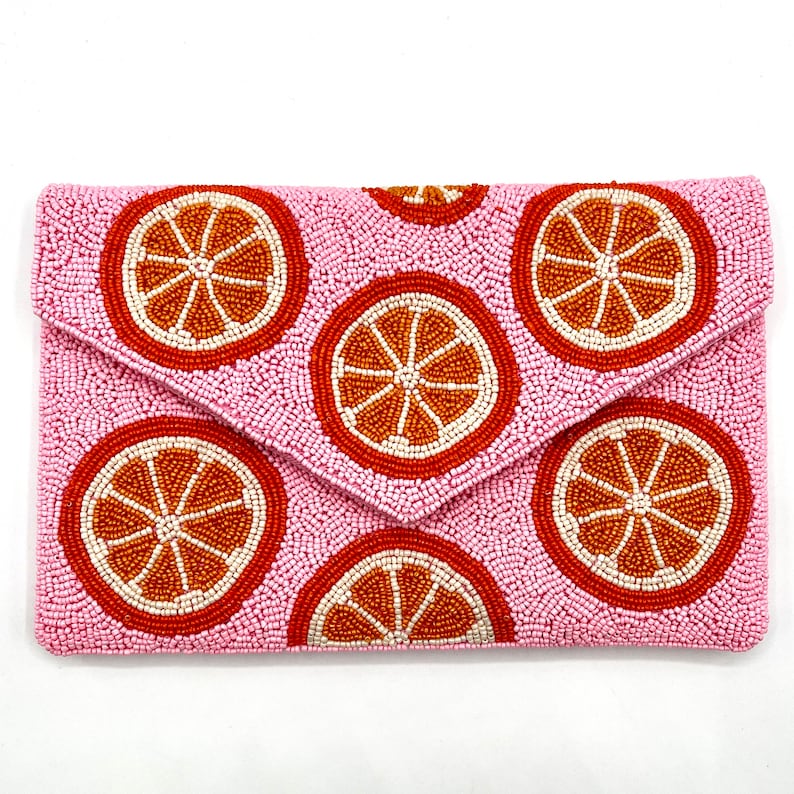 Citrus Beaded Clutch Beaded Purse Vibrant Orange Slice Design on Pink Handcrafted Evening Bag image 9