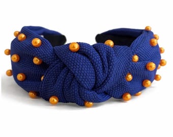 Blue Knotted Headbands for Women, Orange Pearl Hair Accessories, Gameday Beaded Headbands