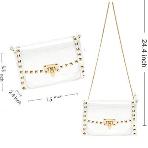 May include: A clear white crossbody bag with gold-colored studs and a gold chain strap. The bag is 7.5 inches long, 5.5 inches high, and 2.8 inches wide. The strap is 24.4 inches long. The bag has a gold clasp.