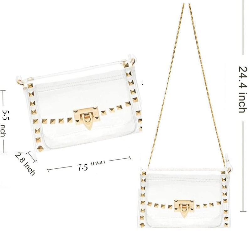 May include: A clear white crossbody bag with gold-colored studs and a gold chain strap. The bag is 7.5 inches long, 5.5 inches high, and 2.8 inches wide. The strap is 24.4 inches long. The bag has a gold clasp.