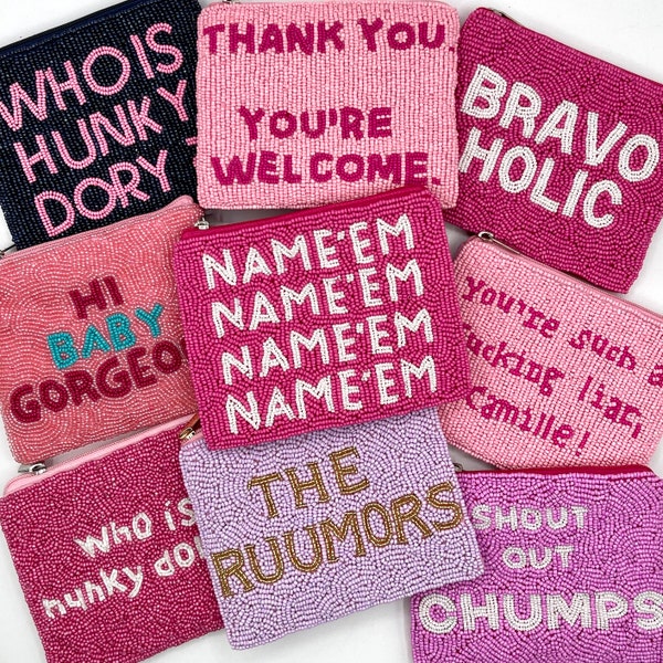 BRAVO Beaded Coin Purse Name’em, RHOBH Gifts Preppy Beaded Bag Pink Beaded Wallet Change Purse, Rhobh Gifts Housewives Beverly Hills