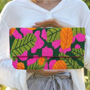 Tropical Beaded Purse Beaded Clutch Purse Bag for Summer Beaded Bag, Crossbody Purse, Palm Leaf Purse, Vacation Bag for Women Gift