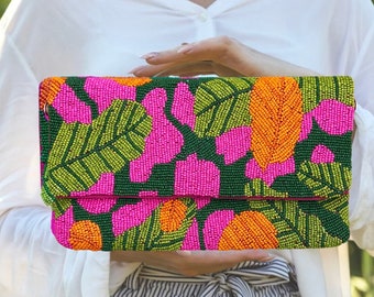 Tropical Beaded Purse Beaded Clutch Purse Bag for Summer Beaded Bag, Crossbody Purse, Palm Leaf Purse, Vacation Bag for Women Gift