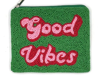 Good Vibes Coin Purse Beaded Coin Pouch Wallet with Zipper Change Pouch Best Friend Gift for Girls Gift