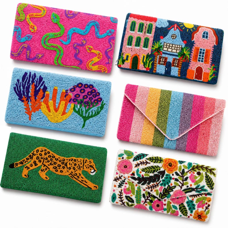 May include: Six rectangular beaded clutch bags featuring diverse designs: a pink bag with snakes, a blue bag with coral, a green bag with a leopard, a building scene, a multi-colored striped envelope bag, and a white bag with floral patterns.