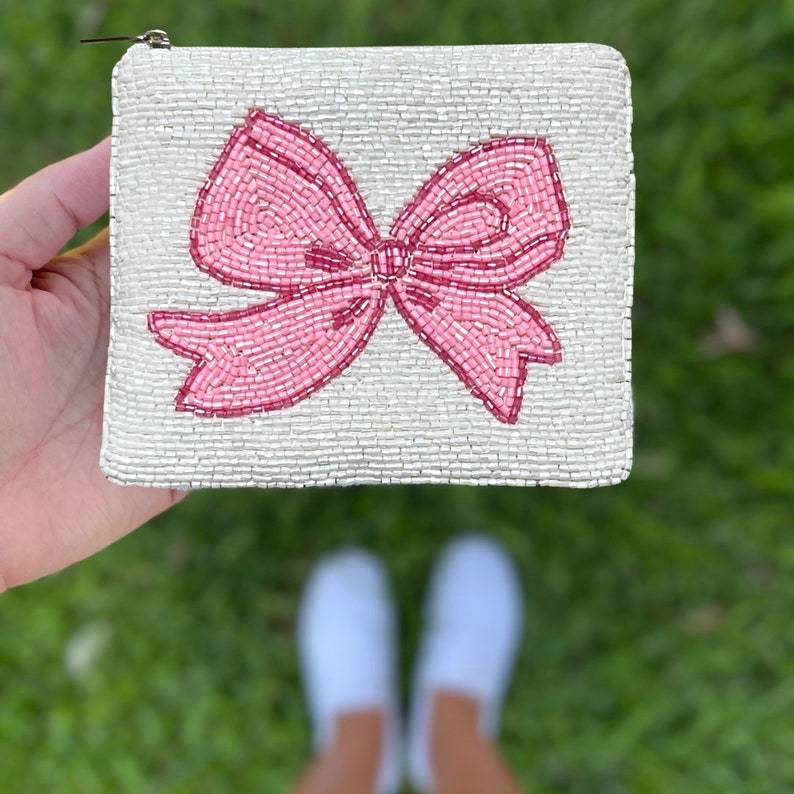 Pink Bow Beaded Coin Purse Preppy Beaded Bag image 7