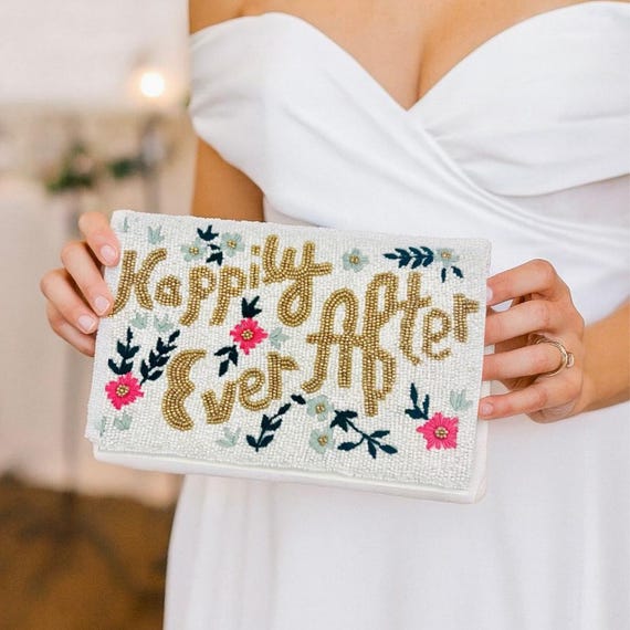 Bride Beaded Clutch Purse, Happily Ever After Beaded Bag, Bridal Gift Bride